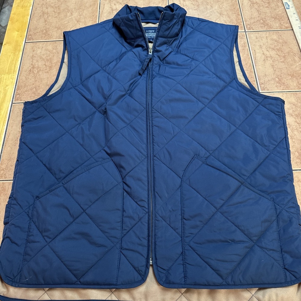 J Crew Vest Mens Sz Large Blue Quilted Authentic Outerwear Pocket Full Zip